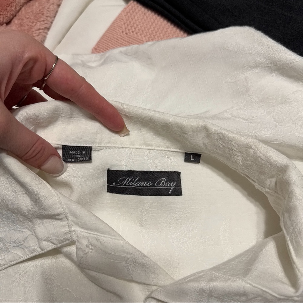 Mens White Button Up with Beach Pattern - Picture 7 of 9